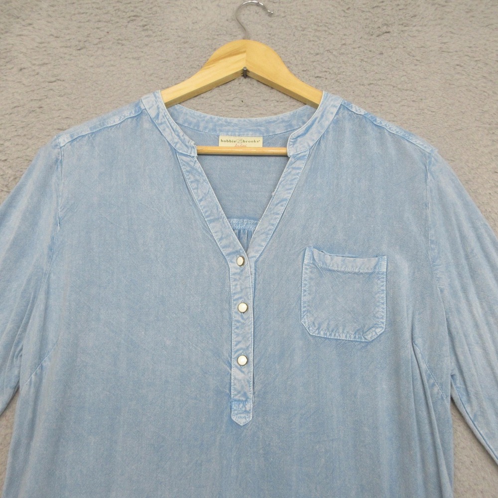 Bobbie Brooks Chambray Shirt Dress Ladies L Blue Tencel Look Tie Waist Relaxed - Picture 3 of 12